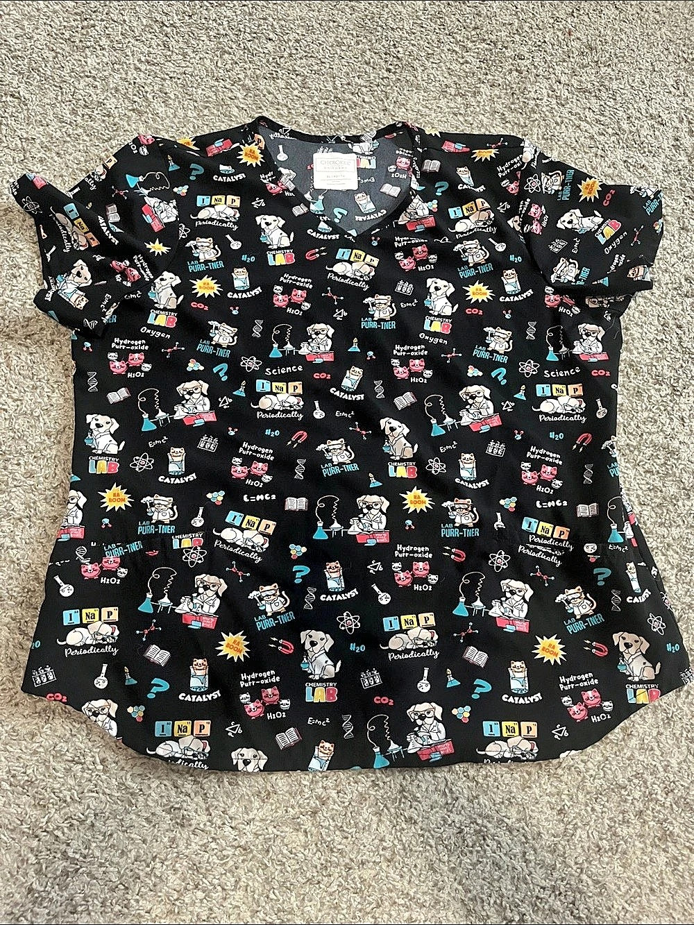 Cherokee Lab Purr-tners V-Neck Print Scrub Top Scrub Top Black XL